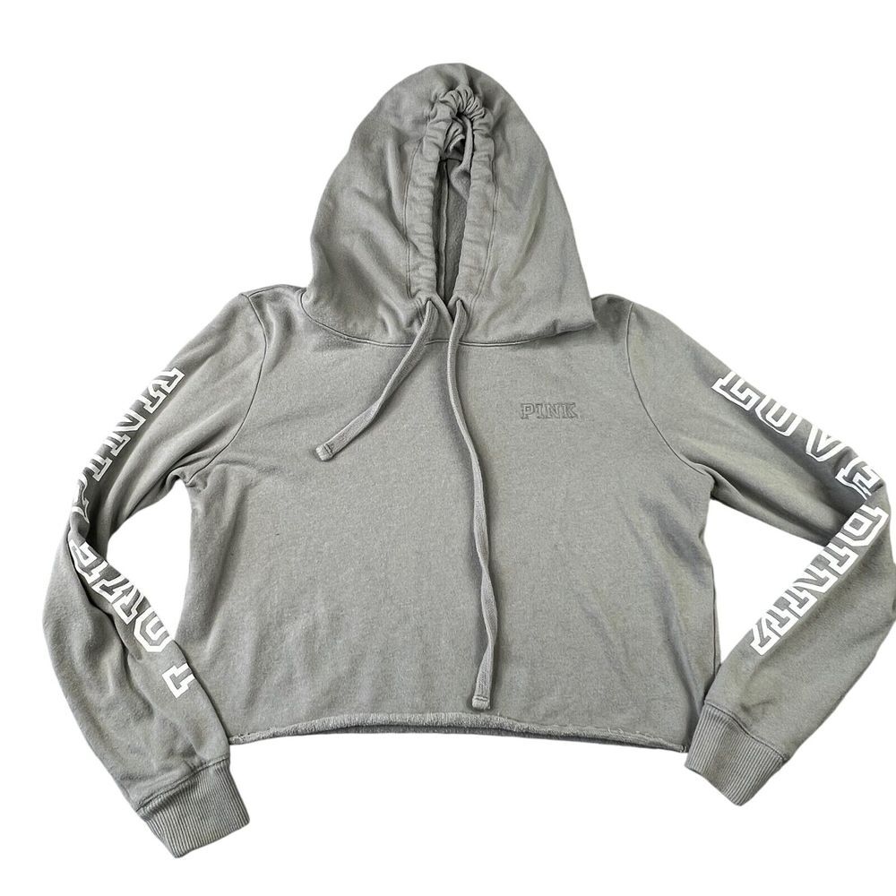 Victoria Secret PINK Womens Crop Hoodie Sweatshirt Size XS Gray Logo Hooded‎